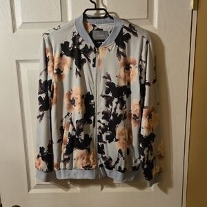 Floral Bomber Jacket in Powder Blue and Cream